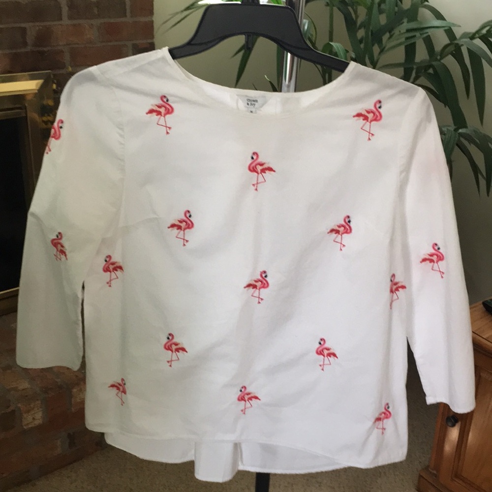 crown & ivy White Top with Pink Flamingo Embroidery